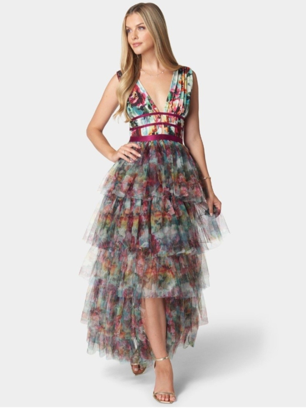 Floral Tiered V-Neck Maxi Dress - Multicolor